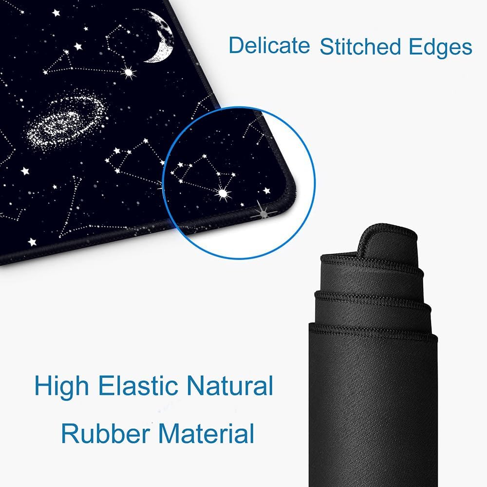 Large Gaming Mouse Pad with Stitched Edges, Black Constellation Desk Mat Extended Keyboard Pad, Non-Slip Rubber Base Desk Pad for Keyboard and Mouse, 31.5X11.8 inch, Sun and Moon