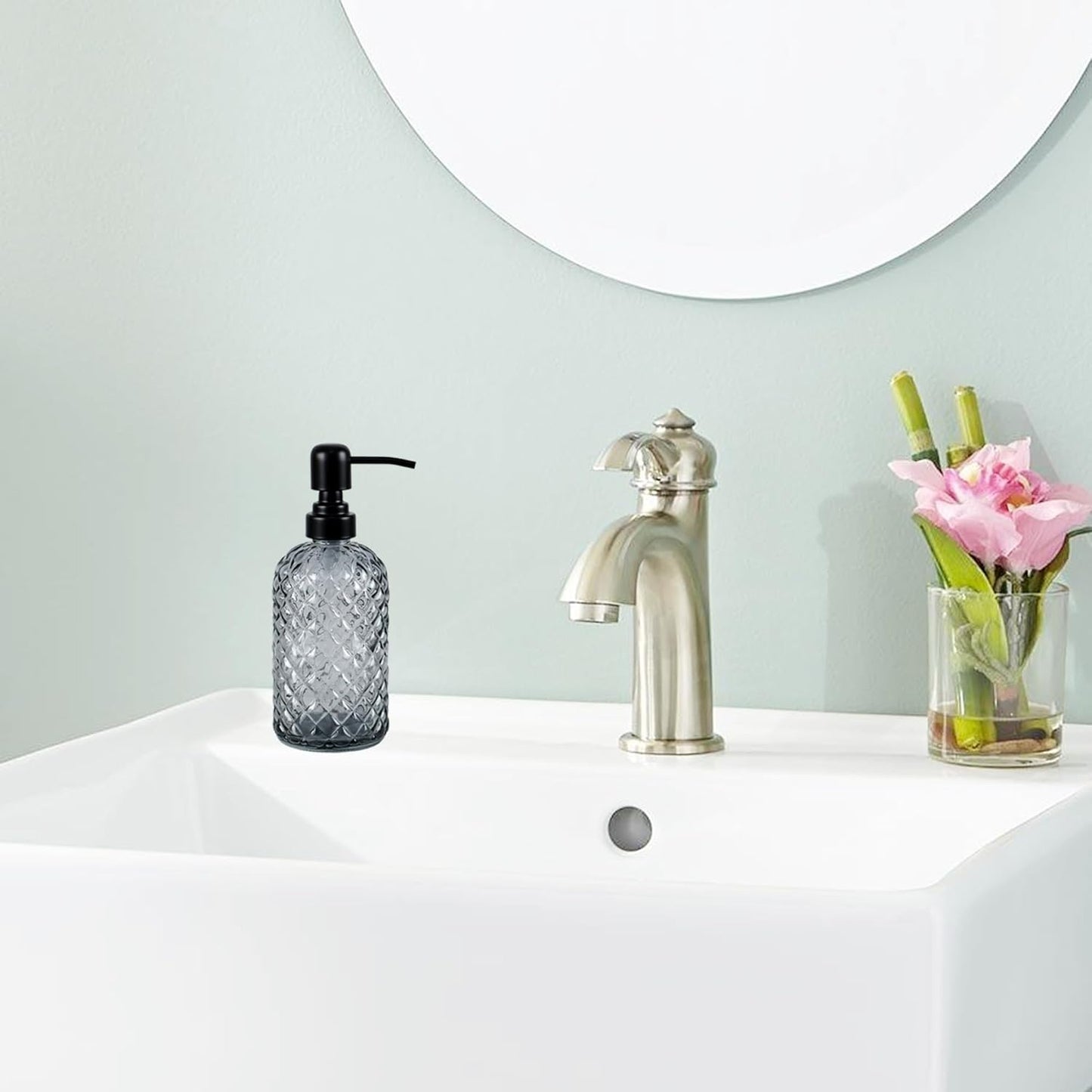 12Oz Glass Soap Dispenser with 304 Black Rustproof Stainless-Steel Pump, Refillable Glass Soap Dispenser for Kitchen, Bathroom, Farmhouse (Grey)