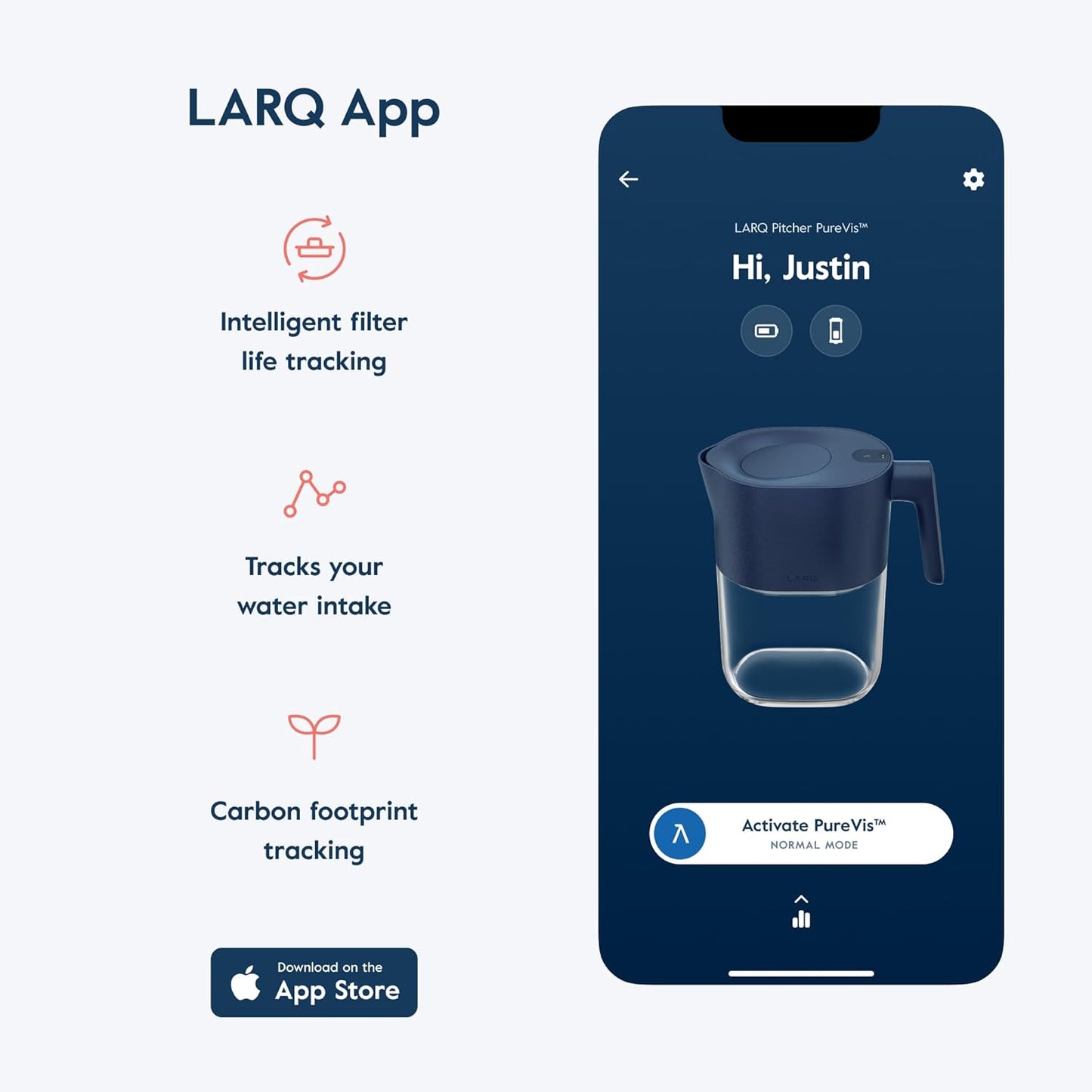 LARQ PureVis 3-in-1 Water Pitcher – Purifier, Filter & Tracking, 8-Cup Water Purifier Pitcher with Advanced Filter for Clean & Crisp Water – Removes Chlorine, PFAS, Lead & More – Monaco Blue