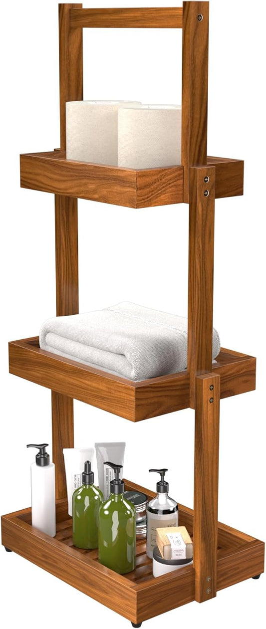 Teak Shower Shelf Bathroom Organizer - 3 Tier Multipurpose Shower Caddy with Non-Slip Base, Rustproof Durable Standing Towel Rack Toilet Paper Roll Holder for Bathroom Livingroom