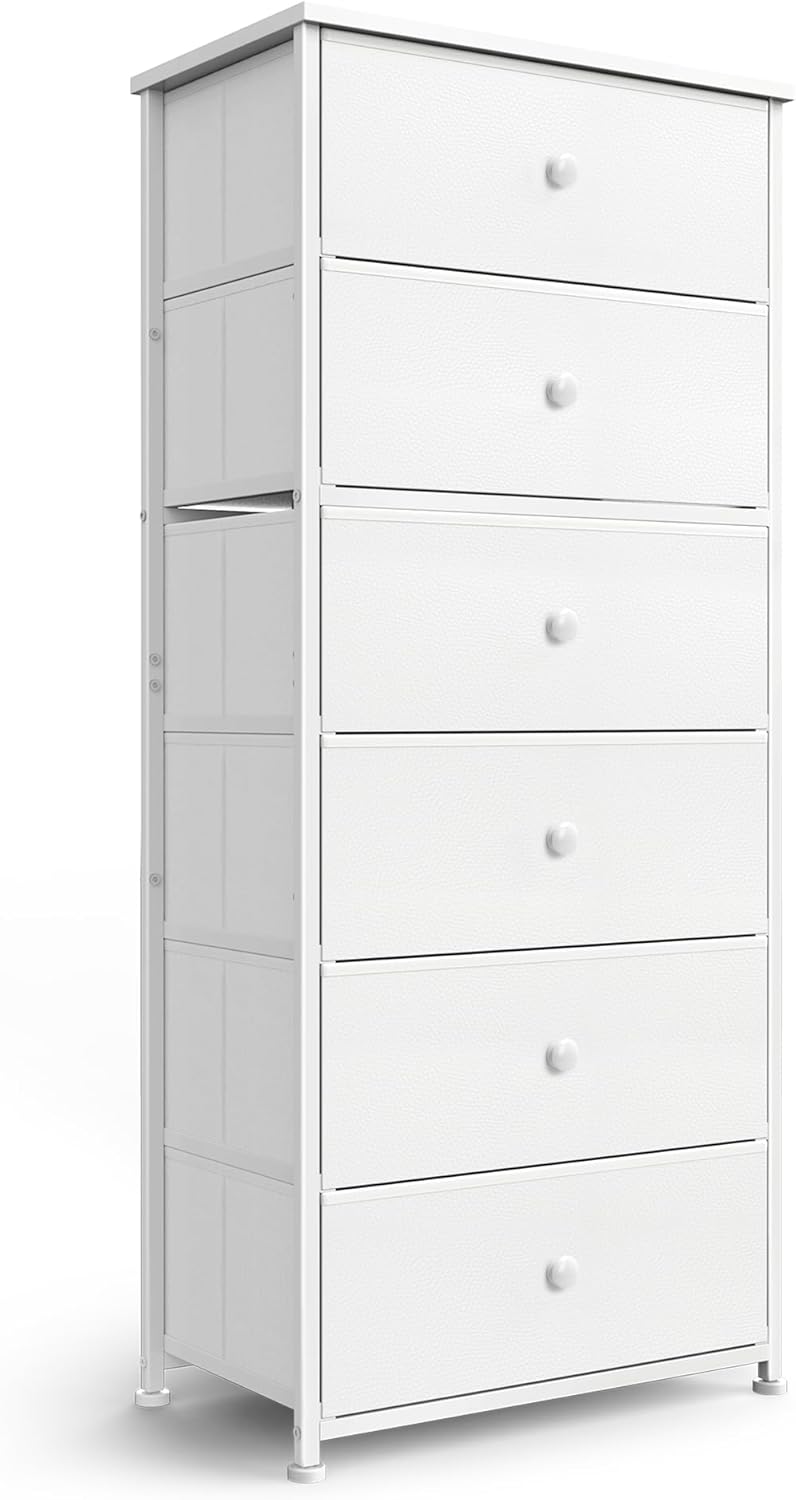 Tall Fabric Dresser for Bedroom, Vertical Storage Organizer Tower with 6 Drawers, Chest of Drawers with Bins, Steel Frame, Wood Top for Bedroom, Closet, Entryway White