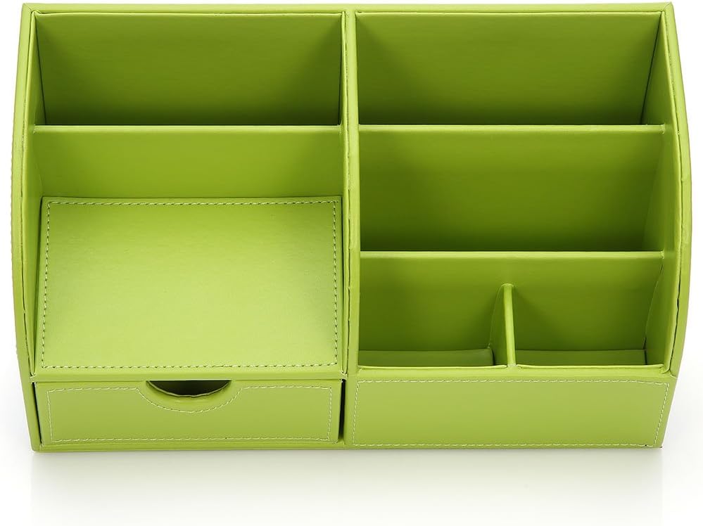 KINGFOM Pu Leather Desk Organizer Pen Pencil Holder Office Supplies Caddy Storage Box 6 Compartments with Drawer Green