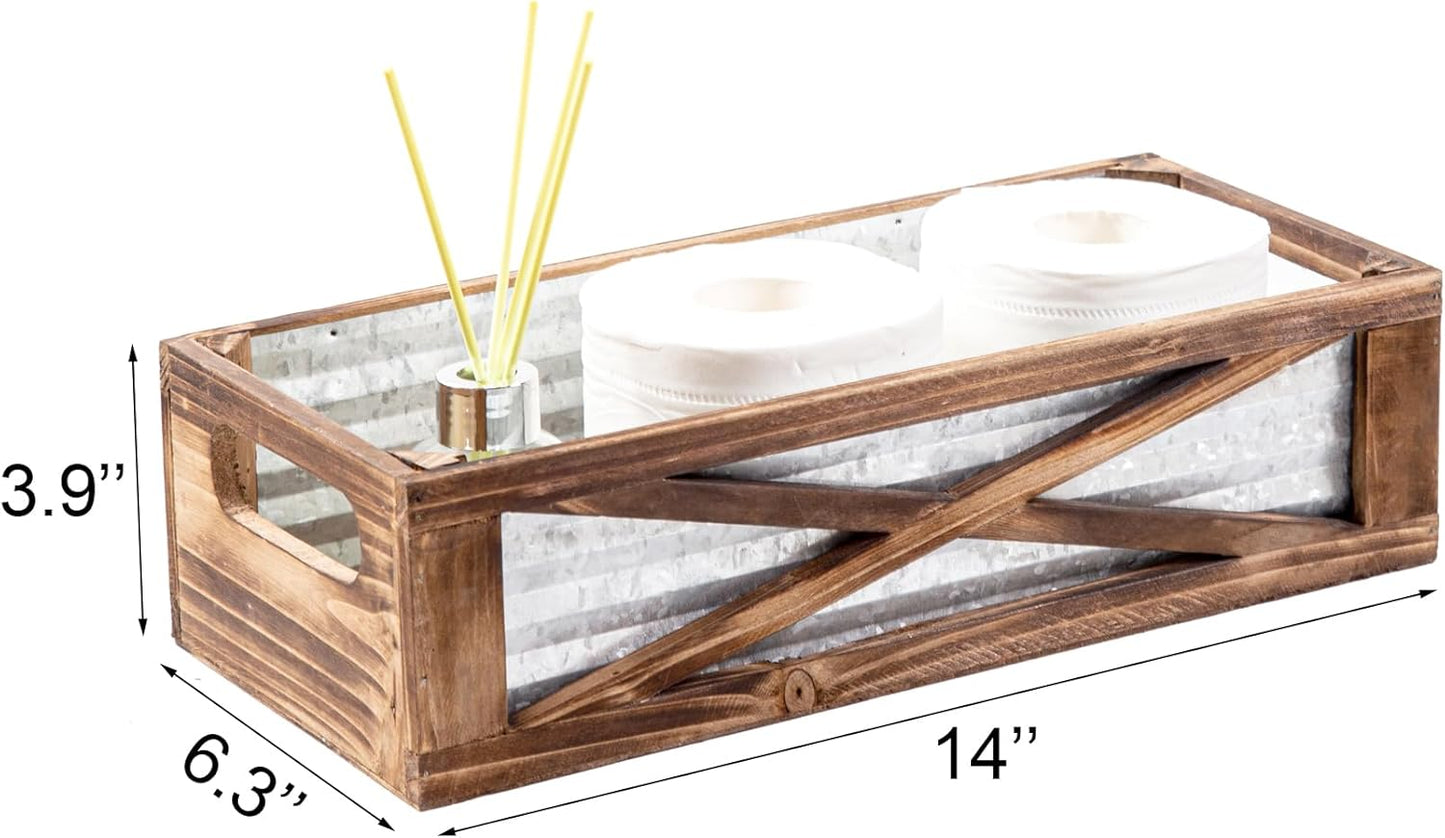 Wooden Toilet Tank Basket, Rustic Bathroom Decor Box, Farmhouse Toilet Paper Organizer Holder, Decorative Bathroom Storage Basket, Barn Door (Brown)