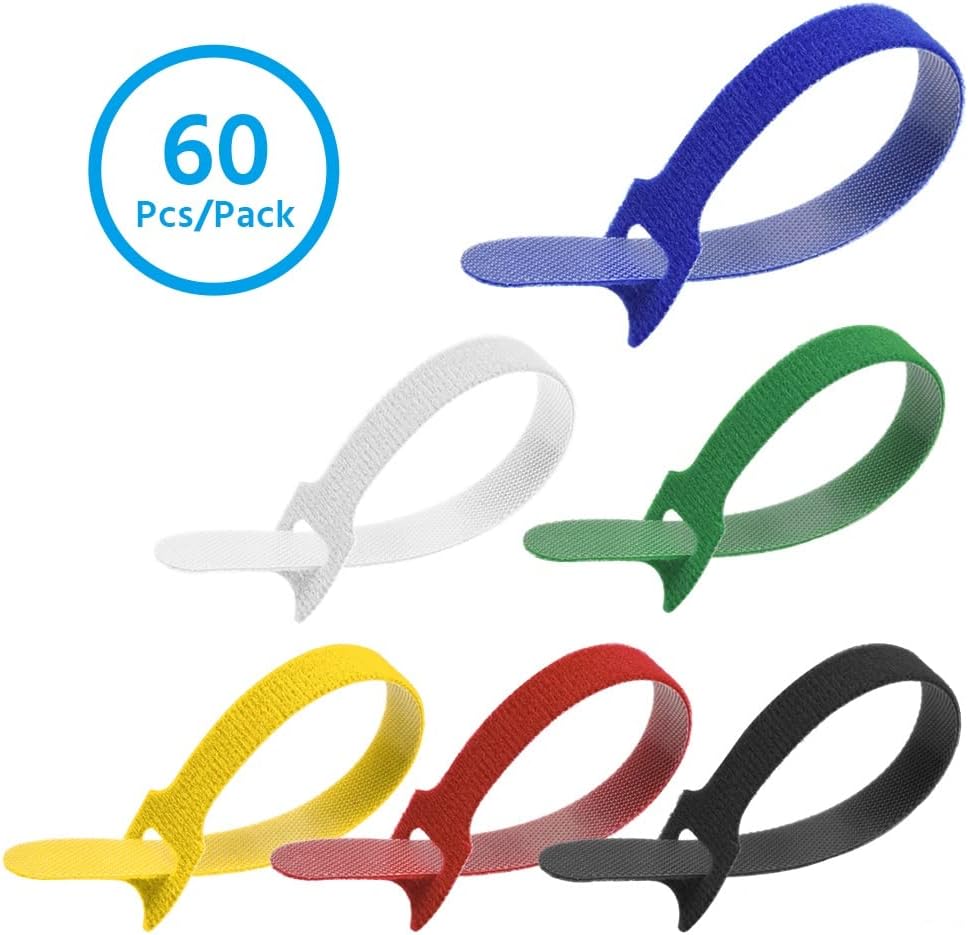 8" (60-Pack) Reusable Hook and Loop Self Gripping Multicolor Fastening Cable Ties - Multipurpose Microfiber Cloth Assorted Cable Organizer Ties