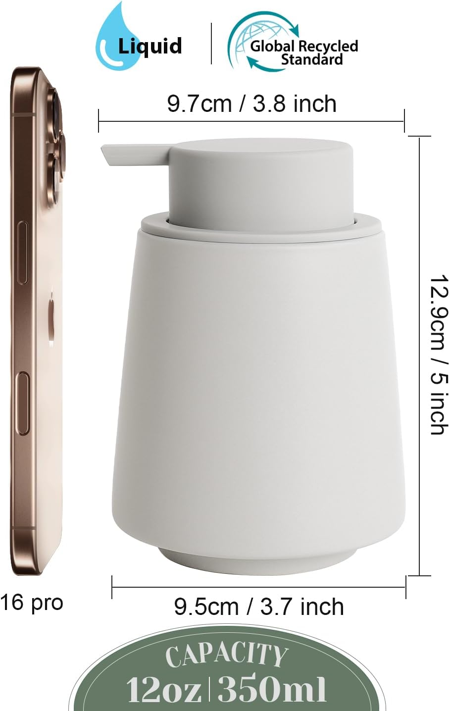 INGOFIN Ceramic Soap Dispenser -14 oz Bathroom Hand Soap Dispenser Liquid Dispenser with Pump Refillable Modern Lotion Dish Dispenser for Kitchen Matte Grey