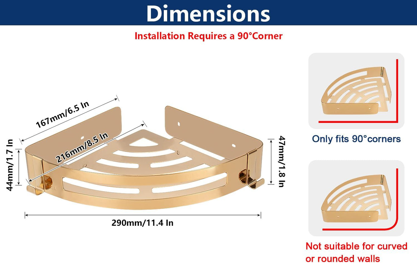 NearMoon Bathroom Shower Caddy 2 Pack, No Drill 304 Stainless Steel Shower Organizer with 2 Hooks (Corner Shelf, Gold)