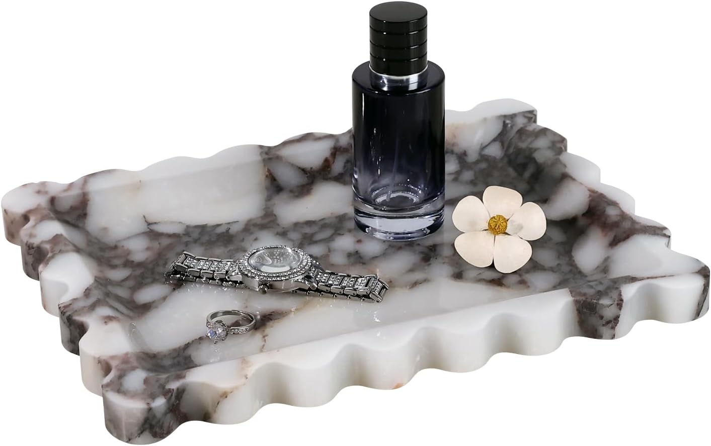 Marble Tray for Bathroom Vanity Countertop - Decorative Stone Soap Dish Organizer, Rectangular Tray for Jewelry, Perfume, Keys (10.6"x7.8")