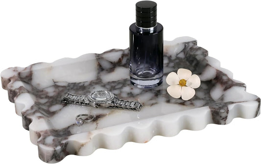 Marble Tray for Bathroom Vanity Countertop - Decorative Stone Soap Dish Organizer, Rectangular Tray for Jewelry, Perfume, Keys (10.6"x7.8")