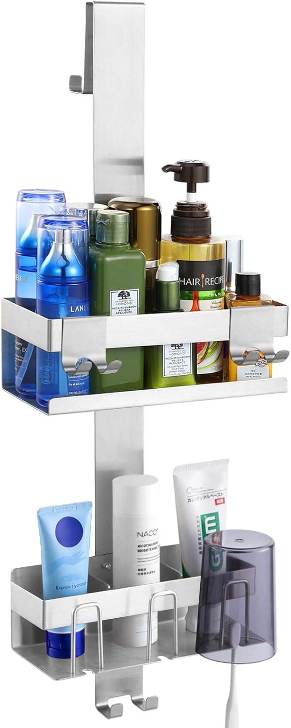 Emibele Over The Door Shower Caddy 2 Tier, 304 Stainless Steel Hanging Shower Caddy Rustproof Shower Shelves, No Drilling Hanging Shower Organizer for Bathroom Glass Door, Silver