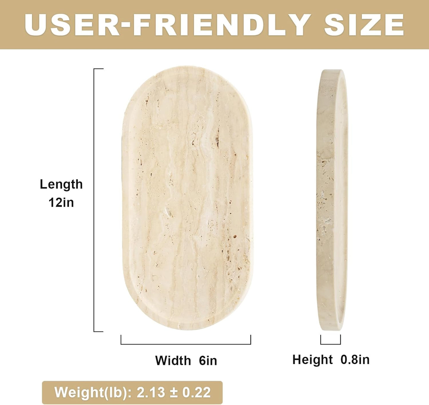 Koville Italian Travertine Tray, 12"x6" Vanity Decorative Marble Tray for Countertop, Catchall for Perfume, Candles, Jewelry Dish