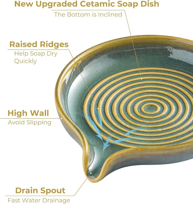 Ceramic Soap Dish, Self Draining Soap Holder Bar Soap Dish for Bathroom Kitchen Counter Soap Saver Tray Keep Soap Bar Dry Easy to Clean, Blue and Green