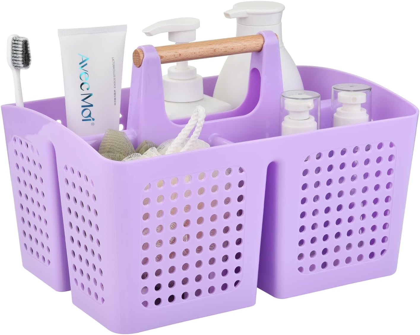 Portable Shower Caddy Basket with Compartments, Plastic Divided Cleaning Caddy Organizer Storage Tote with Handle for Bathroom, College, Dorm Room Essentials, Purple