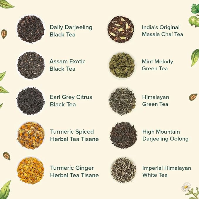 VAHDAM, Assorted Loose Leaf Tea Gift Set (10 Flavors, 100 gm) Gift Ideas for Women & Men | Herbal Tea, Green Tea, Chai Tea & Black Tea Sampler| Non-GMO, Gluten Free | Gifts for Him/Her