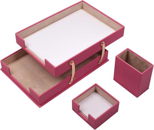 MOOGCO Bonded Set Luxury Leather Desk Pad & Desk Organization Essentials Desk Organizer Leather Desk Organizer (Pink)