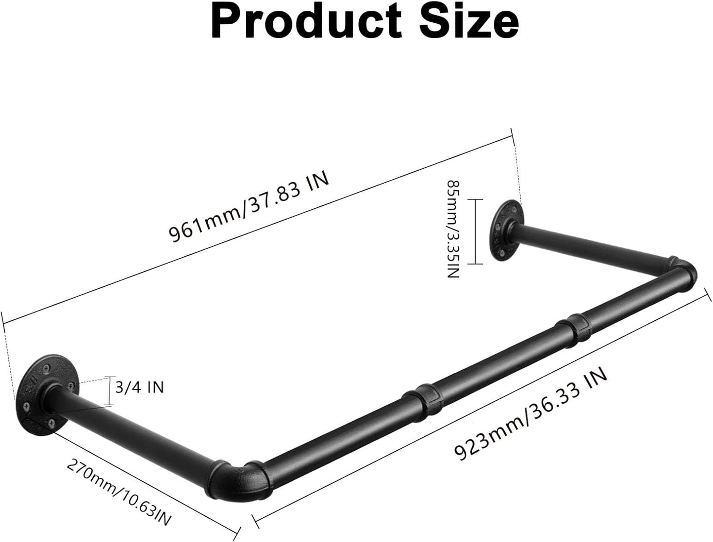 Industrial Iron Pipe Clothes Hanging Bar DIY Wall-Mounted Garment Rack Heavy Duty Clothing Rack for Bedroom, Laundry Room, Closet Storage (Black 36 inch)
