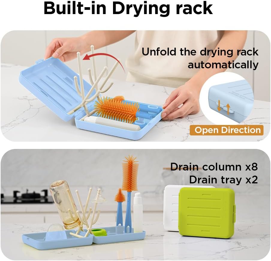 Travel Bottle Brush with Portable Bottle Drying Rack, Baby Bottle Brush for Baby Travel Essential, Blue