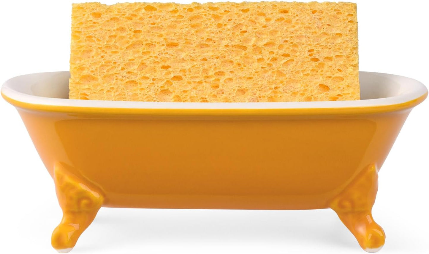 6.5" Ceramic Mini Decorative Clawfoot Bathtub Bar Soap Dish, Kitchen Sponge Holder and Shower Tray for Bathroom, 1 Pack(Golden Yellow)