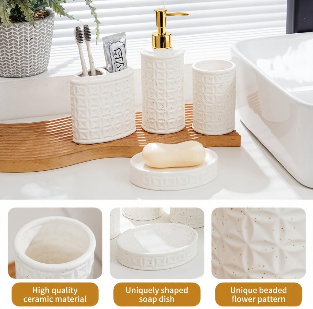 Bathroom Accessories Set 4 Pcs - Ceramic Soap Dispenser, Toothbrush Holder, Tumbler & Soap Dish with Coin Pattern Design, White Bathroom Decor Set for Counter Organization