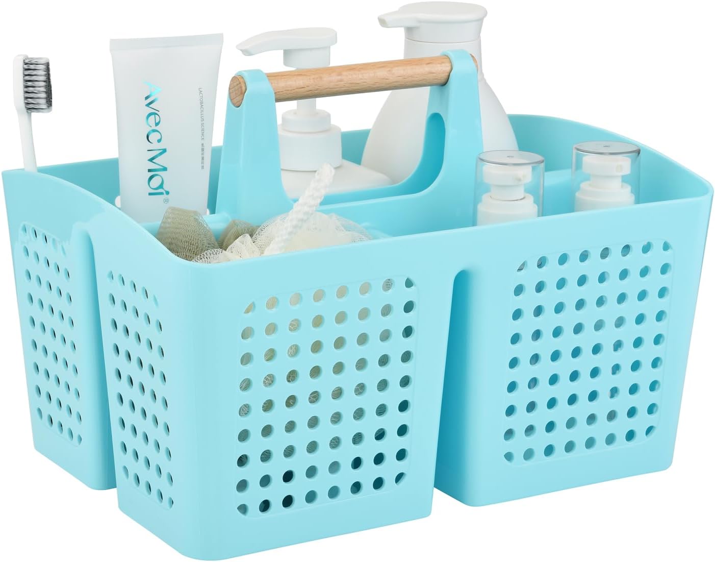 Portable Shower Caddy Basket with Compartments, Plastic Divided Cleaning Caddy Organizer Storage Tote with Handle for Bathroom, College, Dorm Room Essentials, Light Blue