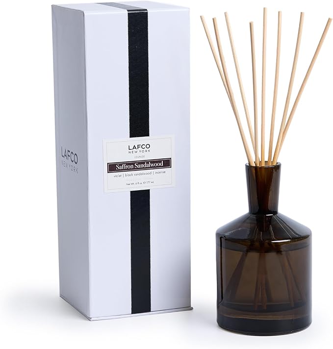 LAFCO New York Fall Classic Reed Diffuser, Saffron Sandalwood - 6 oz - Up to 3 Months Fragrance Life - Reusable, Hand Blown Glass Vessel - Natural Wood Reeds - Made in The USA