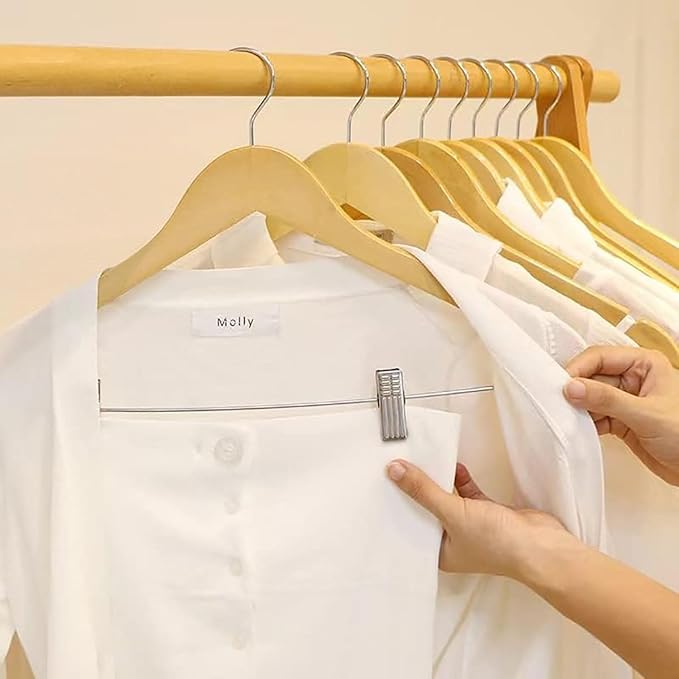 20 Pack Wooden Hangers with Clips High-Grade Wooden Suit Hangers Skirt Hangers with Clips S Wood Hanger with Durable Metal Clips for Blouse, Dress, Coat, Jacket (Natural,20)