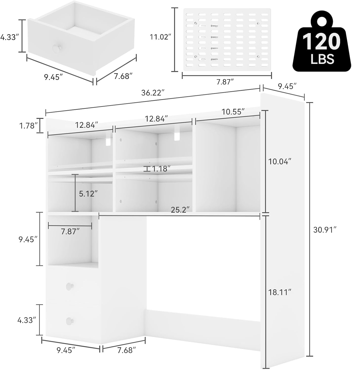 ELECWISH Desktop Bookshelf, Desk Shelf with 2 Drawers for Computer Desk, 36.22" 7-Tier Adjustable Desktop Hutch Organizer with Pegboard for Home Office, White