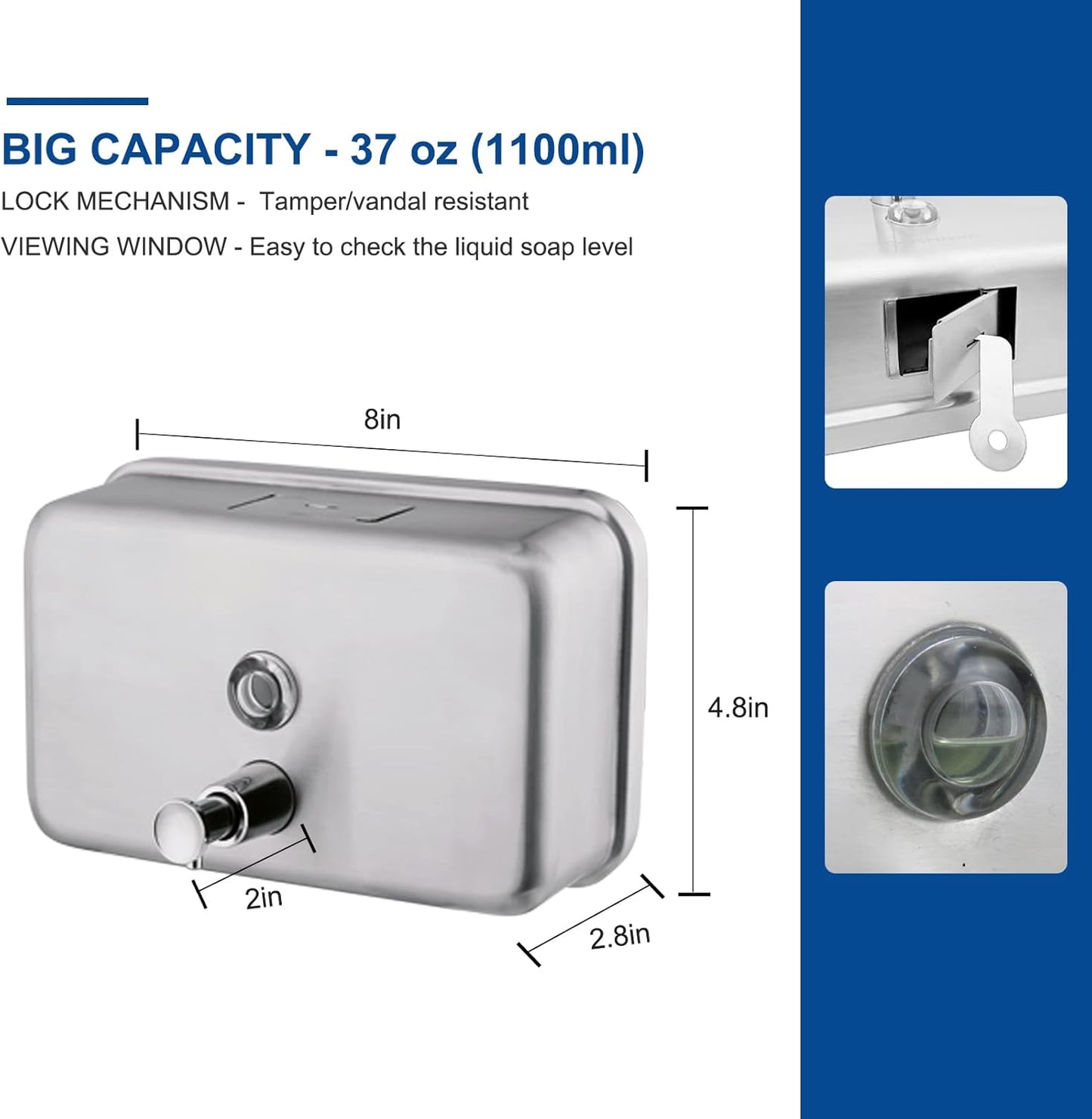 Commercial Wall Mount Stainless Steel Soap Dispenser, Rust-Proof Lining Liquid Hand Sanitizer Dispenser Bathroom 1100 ml / 37 oz. (Horizontal)