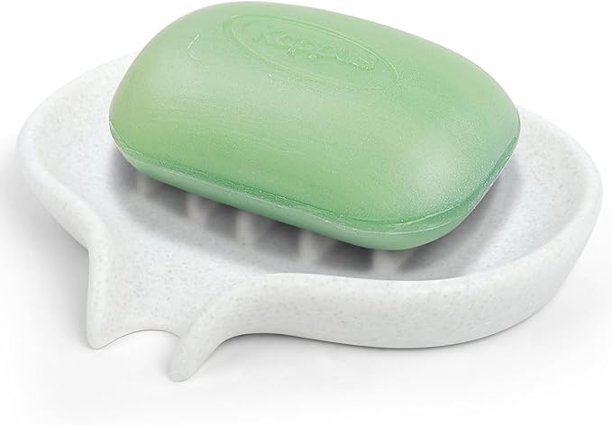 Soap Dish with Drain- Self Draining Bar Soap Holder for Shower, Marble Look Soap Savers Soap Tray Sponge Holder for Kitchen, Bathroom, Bathtub Sink, Crystal White