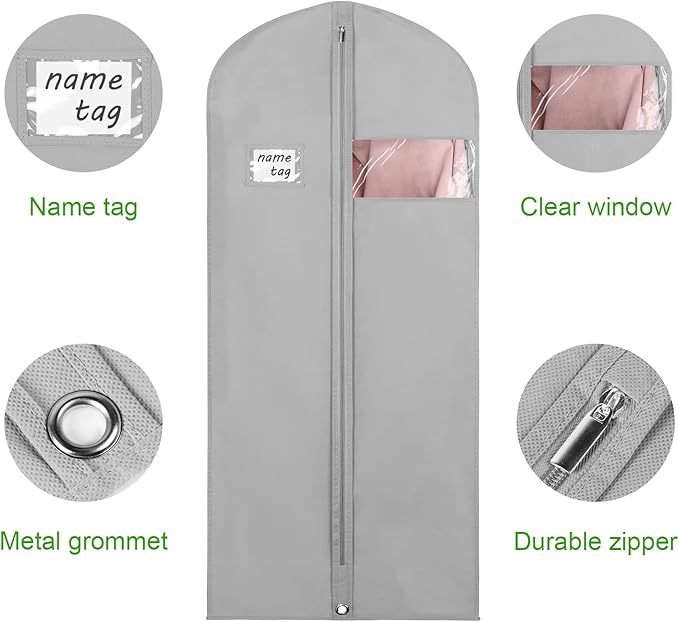 KEEGH Garment Bags for Hanging Clothes 60" (Set of 6) Dress Bags for Gowns Long Dress Bags for Closet Storage with Zipper and Eye-Hole for Folding for Suit Coats Dresses, Grey
