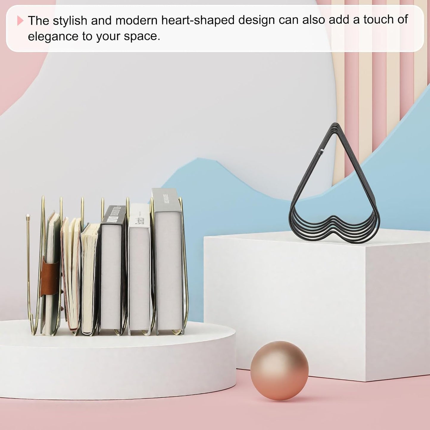 PATIKIL Folder Organizer Stand, 7 Slot Retractable Book Ends Metal Heart Shaped File Rack File Holder Bookshelf for Desk Magazine Letter Paper Mail Home Office Decor, Black