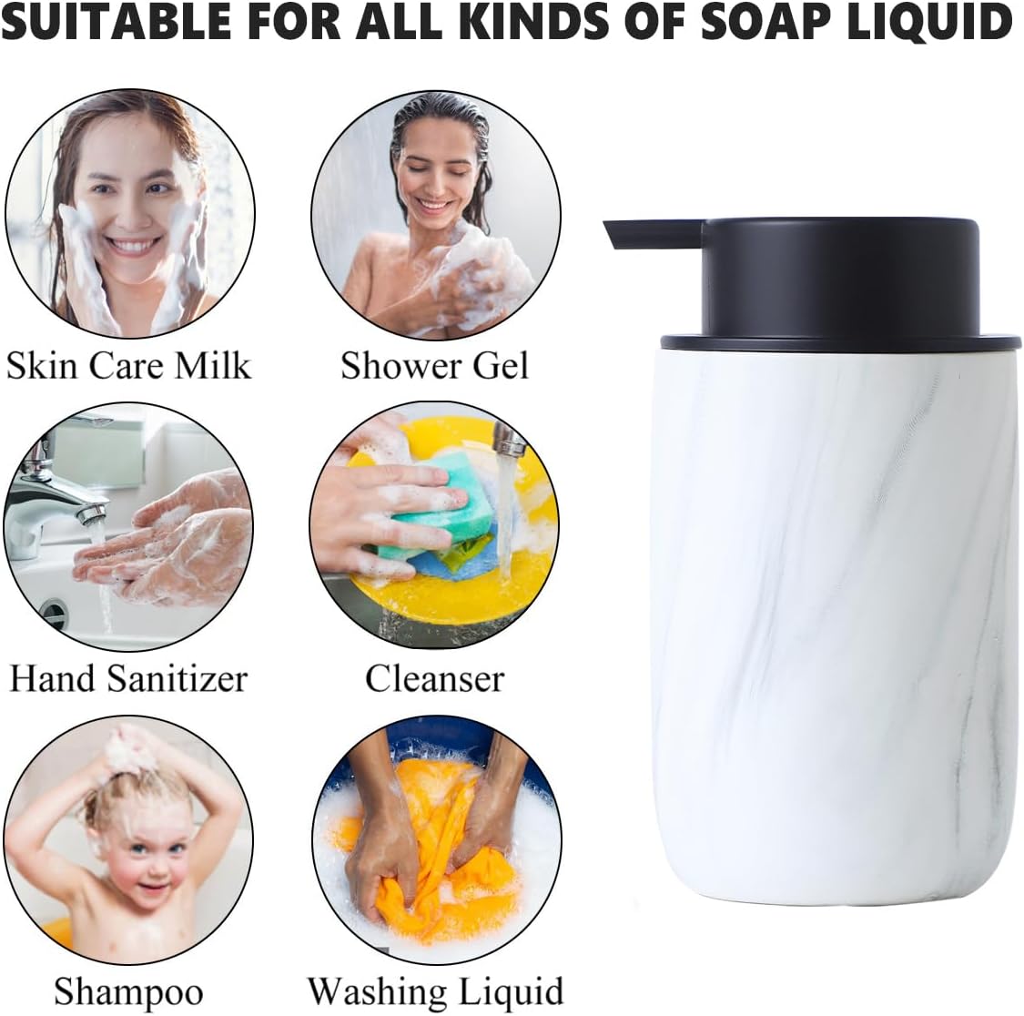 Marble Foaming Soap Dispenser Set - 2 Pack White Marble Ceramic Foam Dish Hand Soap Dispenser with Black Pump for Bathroom, Bathroom Dispenser Set for Modern Home Farmhouse Decor