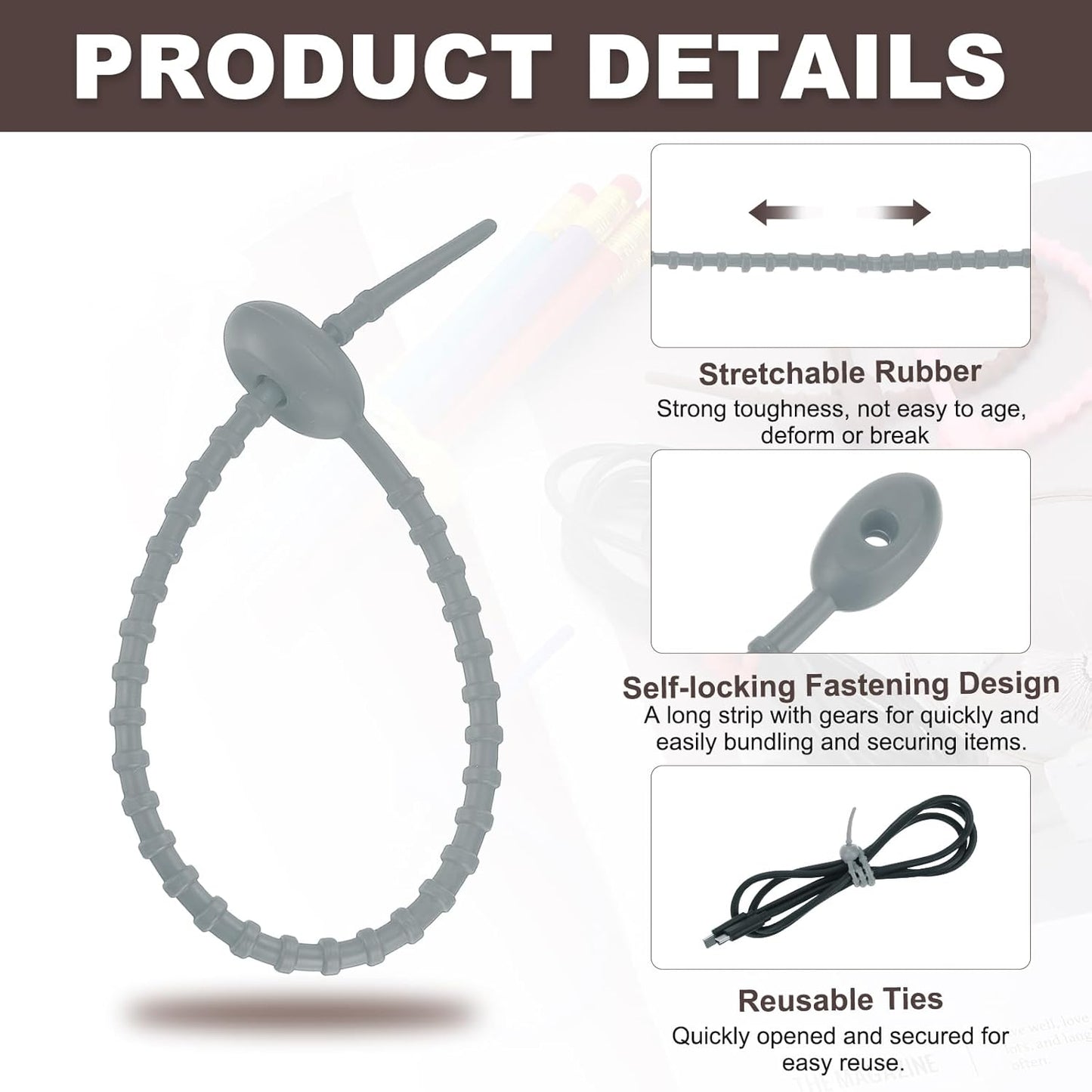 uxcell 20 Pcs Silicone Ties Bag Clip, 8.5 Inch Multi Purpose Silicone Zip Ties Reusable Rubber Zip Tie, Cable Strap Cord Organizer for Home Office Food Bag Wires Cables, Gray