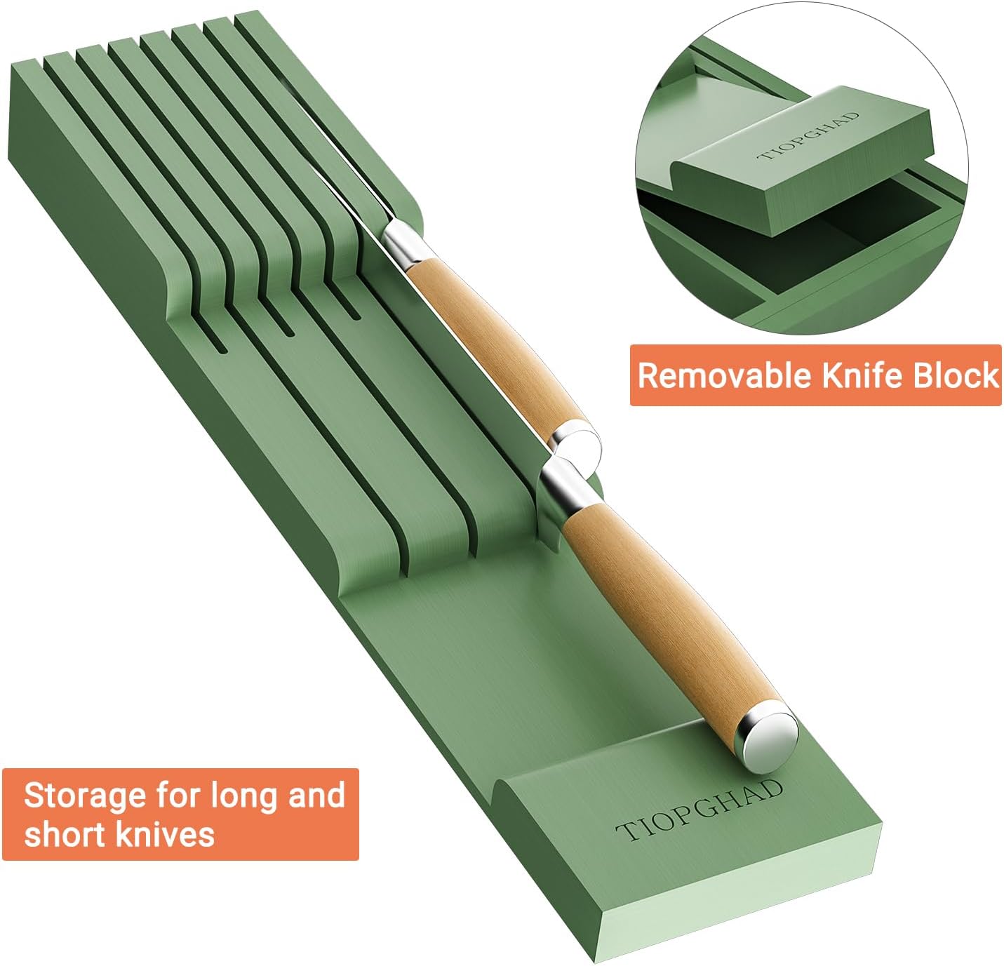 Bamboo-Silverware-Drawer-Organizer-Kitchen, Expandable Utensil Holder Cutlery Tray Flatware Organization Adjustable Wood Tableware Dividers Storage (with Removable Knife Block)(Grayish Green)