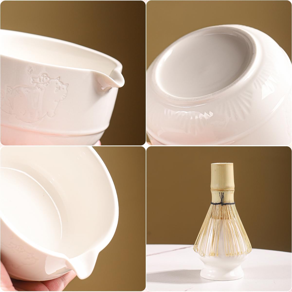 Matcha Tea Set, 5-Piece Ceramic Matcha Bowl & Whisk Kit with Cute Cat Pattern, Traditional Japanese Chawan, Scoop & Sifter, Perfect for Tea Ceremony, Gift for & Tea Lovers (white)