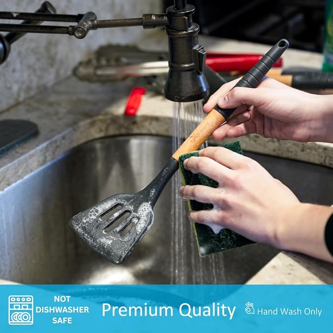 6 Pcs Cookward Silicone Cooking Utensils Set-Natural Wood Kitchen Utensils – Eco Friendly & BPA Free, Non-Scratch & Non-Stick Easy Grip -Dark gray