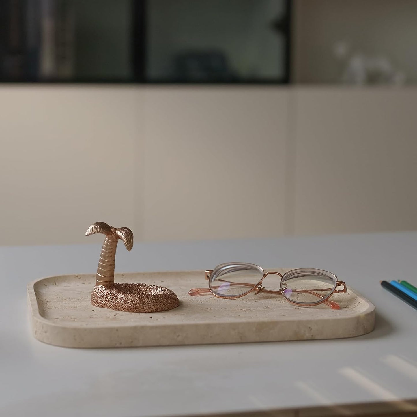 ‌VEROBELL Travertine Bathroom Vanity Tray | Natural Stone Storage Organizer | Luxury Home Decor for Countertop, Dresser, Spa | Non-Resin & Durable Design,11.8"x7.8"x0.6"