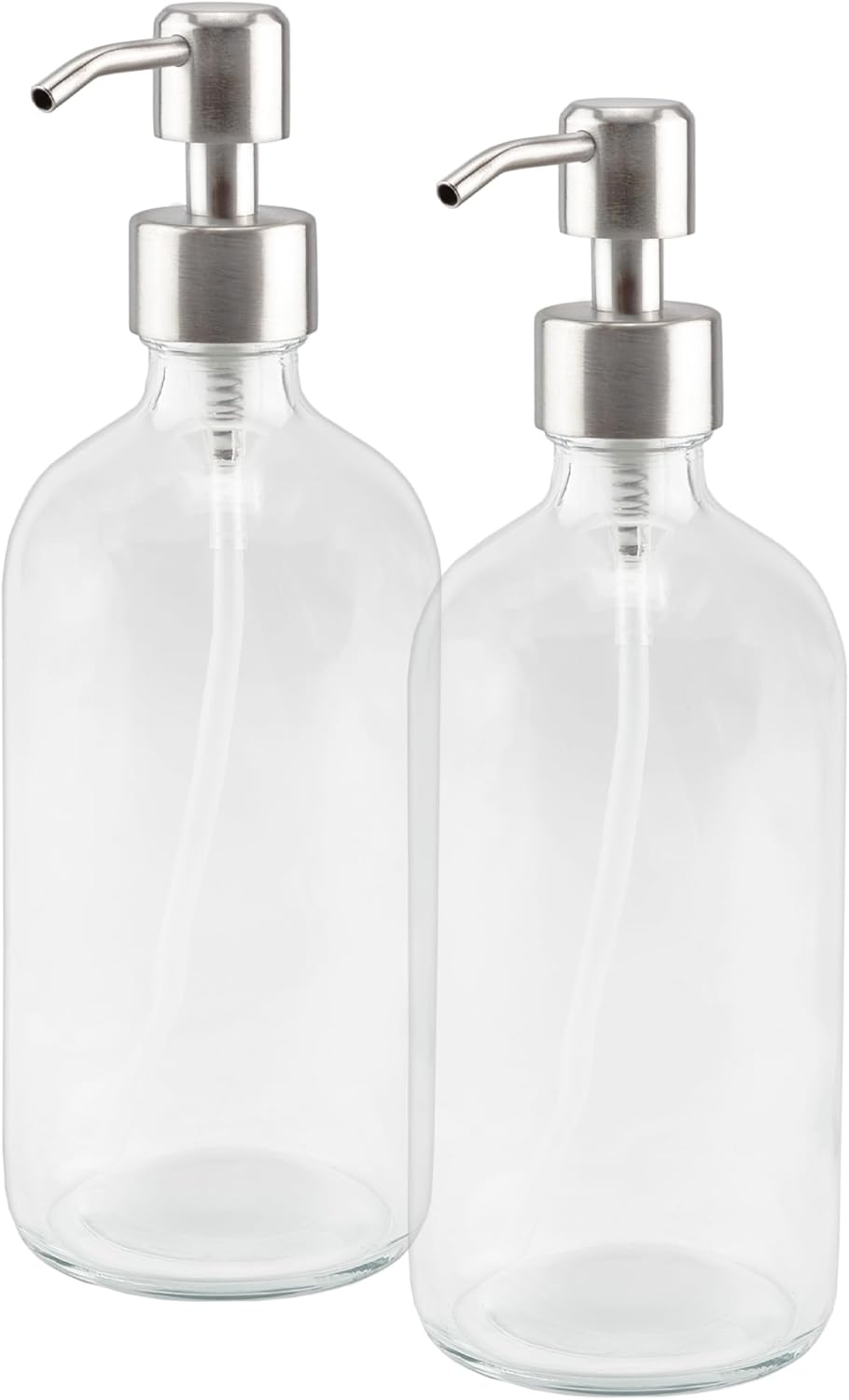 Cornucopia Brands 16-Ounce Clear Glass Bottles w/Stainless Steel Pumps (2 Pack), Soap Dispenser Great for Essential Oils, Lotions, Liquid Soaps