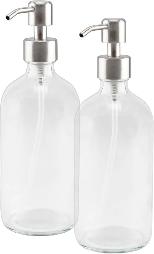 Cornucopia Brands 16-Ounce Clear Glass Bottles w/Stainless Steel Pumps (2 Pack), Soap Dispenser Great for Essential Oils, Lotions, Liquid Soaps