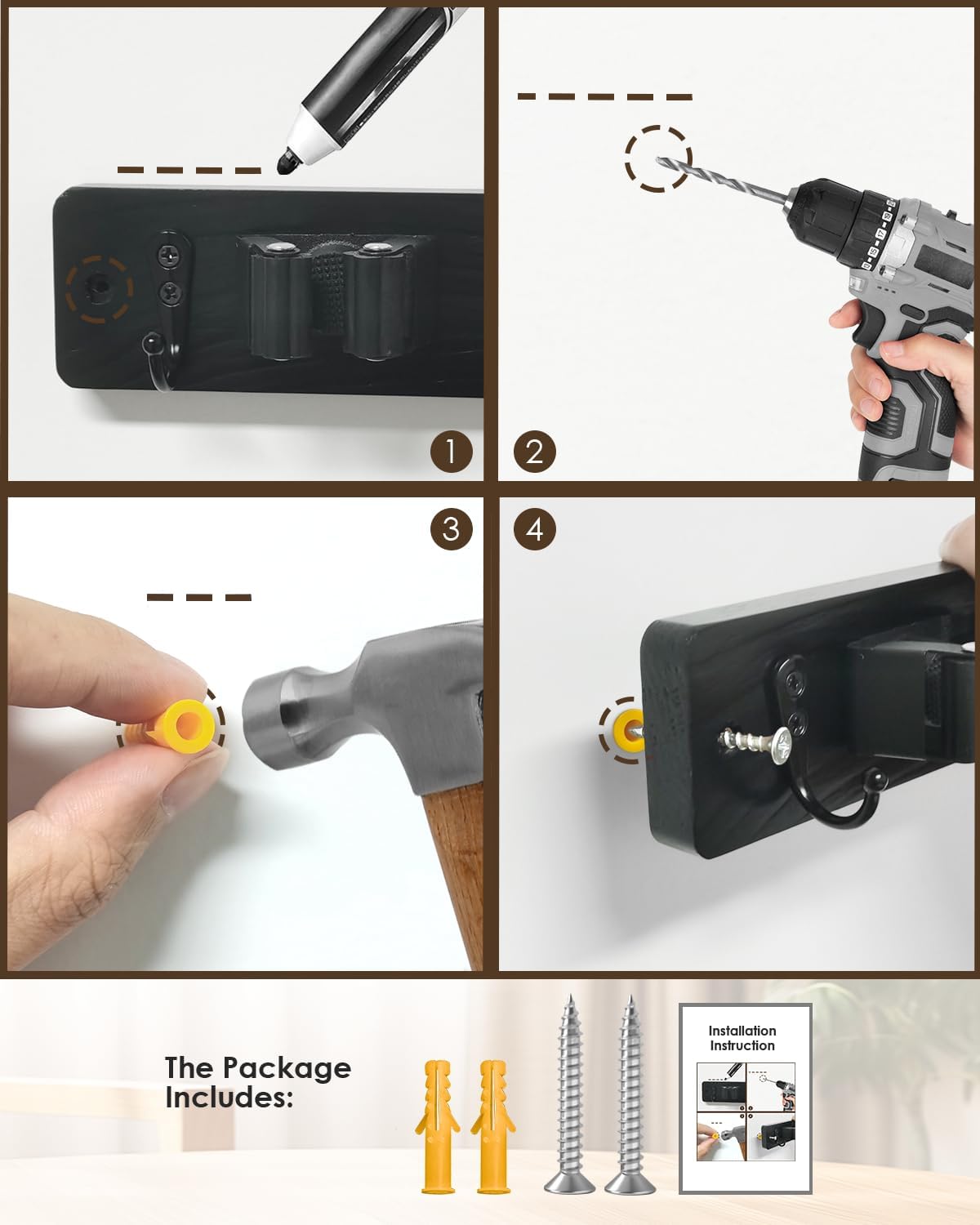 AceMining Broom Holder Wall Mounted, Black 4 Holders and 4 Hooks Mop Holder, Wooden Mop and Broom Holder with Anti slip rubber, Natural pine wood Brush Holder, Mop Wall Holde with Nail installation