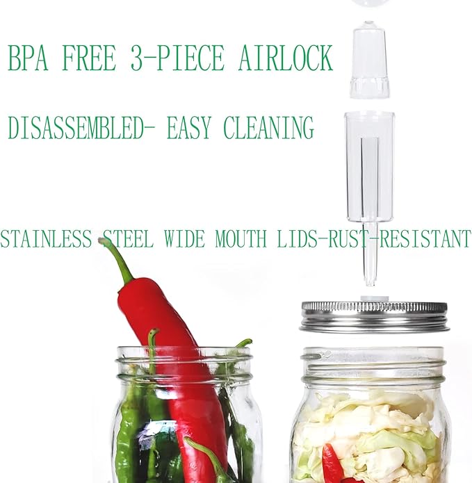 Complete Mason Jar Fermentation Kit - Sauerkraut Pounder + 4pc Glass Weights + 4pc water airlocks Easy Wide Mouth Jars Vegetable Fermenting Set -Suitable for 86MM mason jar (Jars Not Included)