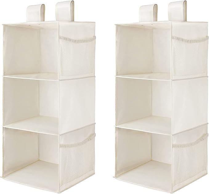 MAX Houser 3-Shelf Hanging Closet Organizers, Collapsible Closet Hanging Shelves for Camper, Nursery Hanging Organizers, Beige, 2-Pack