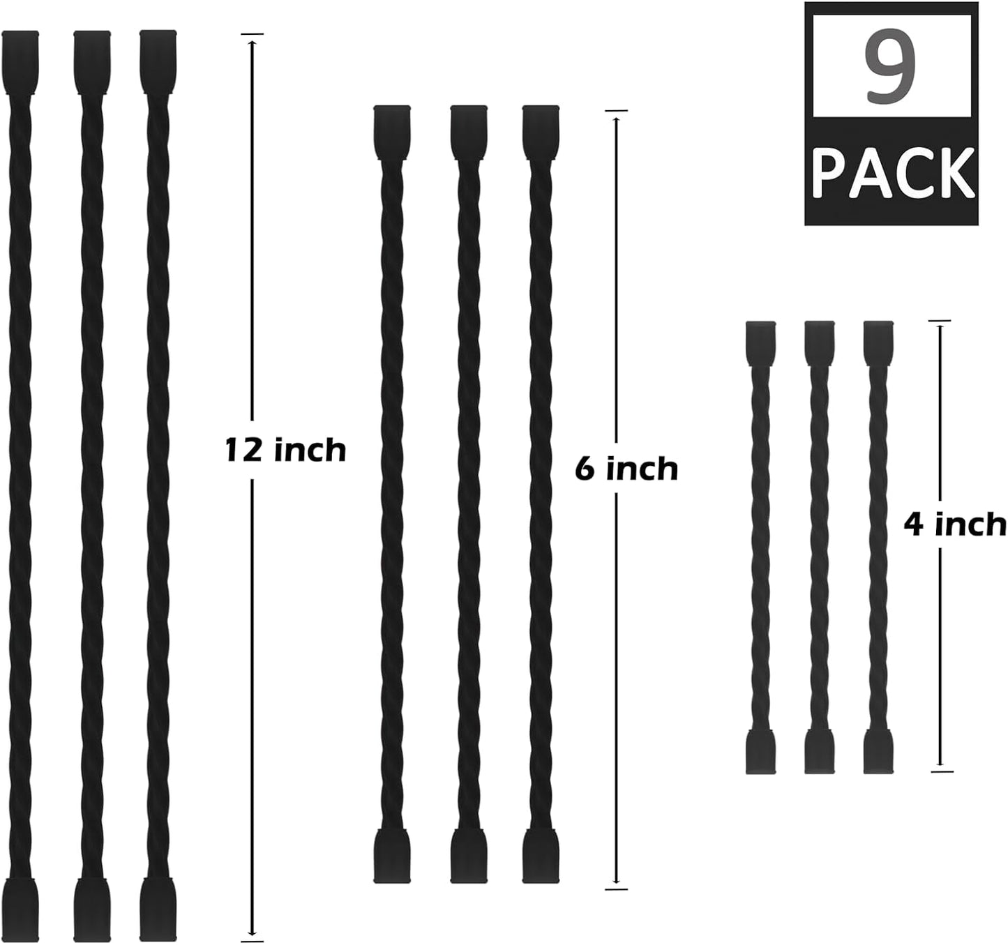 9PCS Silicone Cable Ties Reusable Twist Ties Steel-Core Black Straps Organizer All Purpose Bendable Cord Tie for Indoor Outdoor Holding Securing and Wrapping (4 6 12 inch)