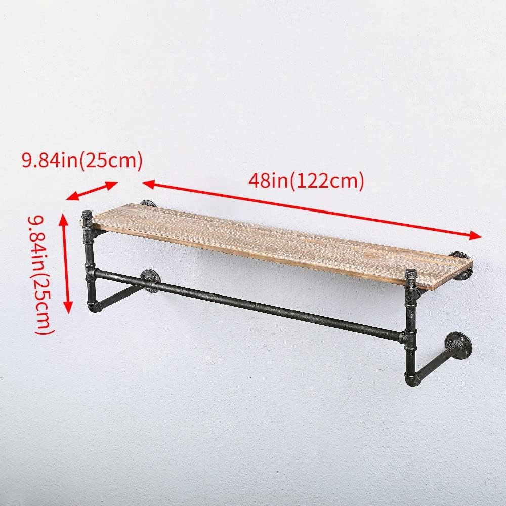 Industrial Pipe Clothing Rack Wall Mounted with Real Wood Shelf,Pipe Shelving Floating Shelves Wall Shelf,48in Retail Clothes Racks Display Rack