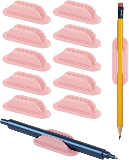 Adhesive Pencil Holders for Desk Set of 10 - Silicone Pen Holder with 15 PCS Adhesive Pads - Flexible Pencil Holder for Office Essentials Accessories and Teacher Supplies, Pink