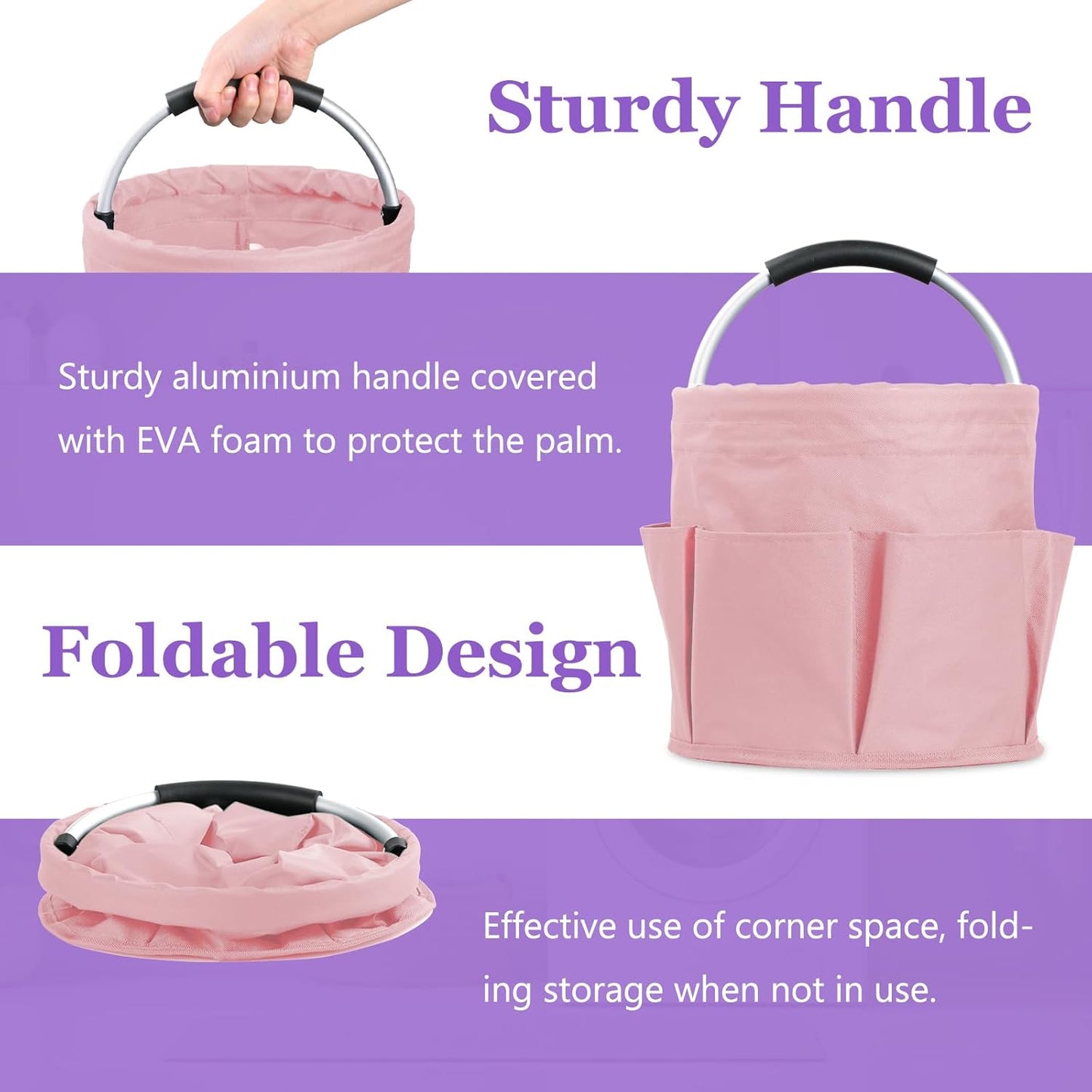 17L Portable Shower Caddy with 6 Side Pockets, Foldable Cleaning Supply Caddy with Handle, Garden Tool Bag in 600D Oxford Fabric, Multifunctional Storage Basket for Showers, Picnics, Pink