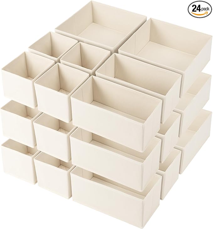 Criusia Drawer Organizer Clothes, 24 Pack Underwear Drawer Organizers, Foldable Closet Organizers and Storage Dresser Drawer Dividers Clothing Organizer for Clothes, Socks, Scarves, Bra, Ties (Beige)