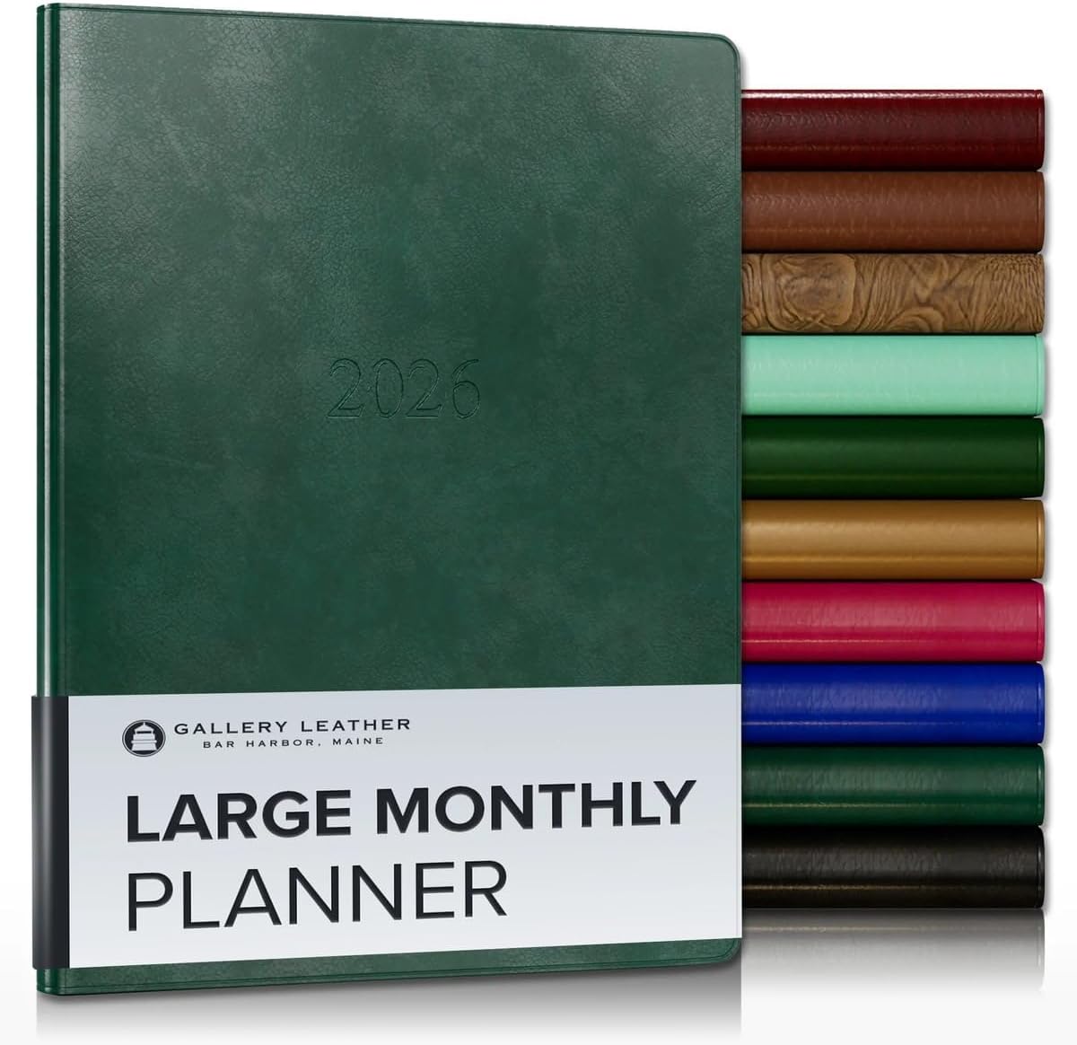Gallery Leather Large Monthly Planner 2025-2026, Elegantly Bound Calendar Planner and Notebook with Stylish Gold-Gilded Page Edges, 18 Months - Acadia Green - 9.75x7.5"