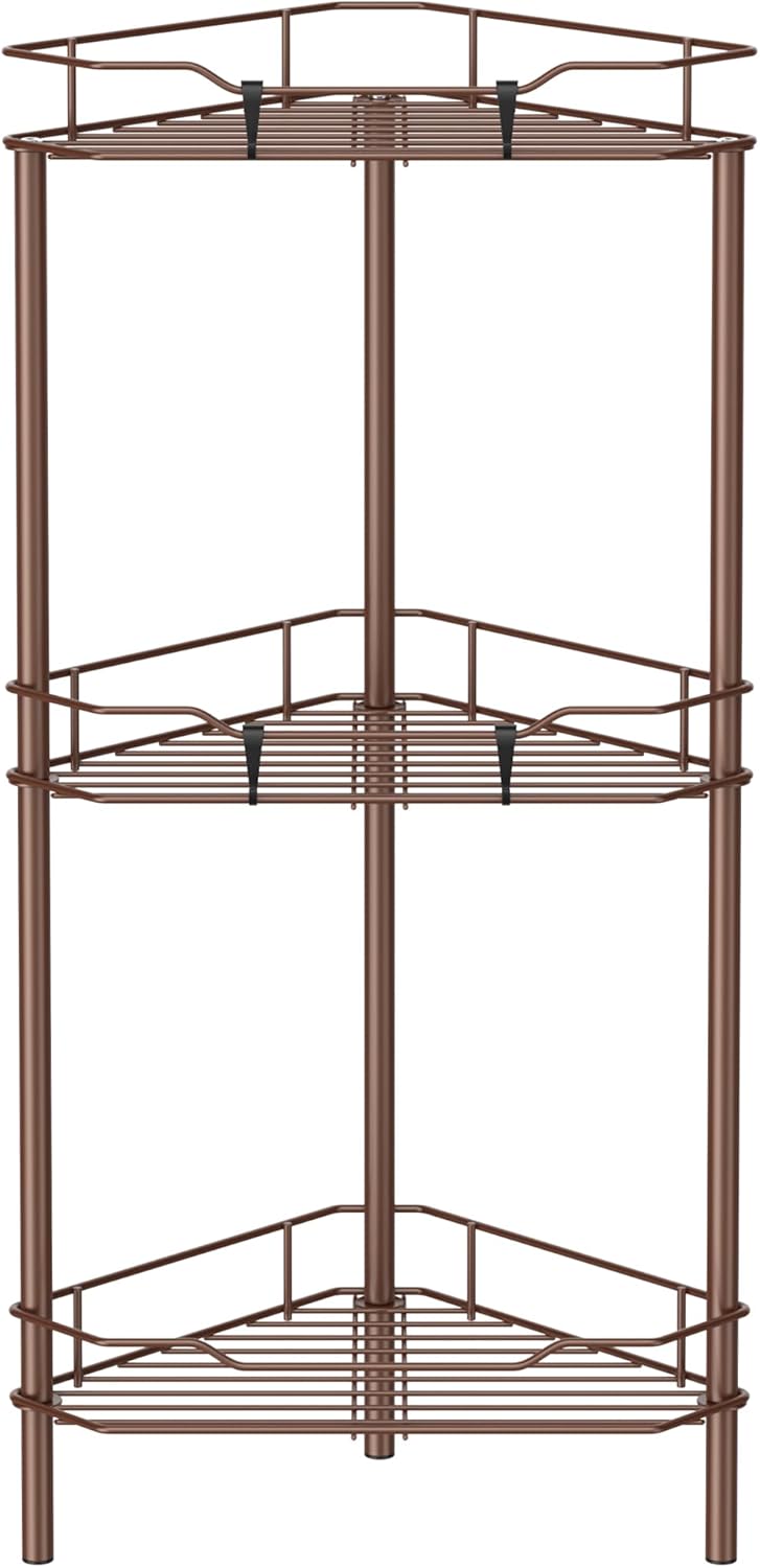 3 Tier Floor Standing Corner Shower Caddy Organizer Shelf with Hooks, Bathroom Shelves Stand Rack, Coffee
