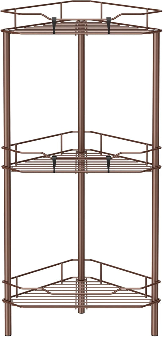 3 Tier Floor Standing Corner Shower Caddy Organizer Shelf with Hooks, Bathroom Shelves Stand Rack, Coffee