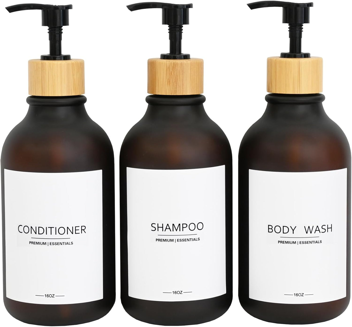 Frosted Plastic Shampoo and Conditioner Bottles, Apothecary Dispenser Bamboo Pump, Refillable Bottles for Shower Lotion, Oil, Hand Soap, Sanitizer, Liquid Soap, Set of 3 with 9 Labels (3, Matte Amber)
